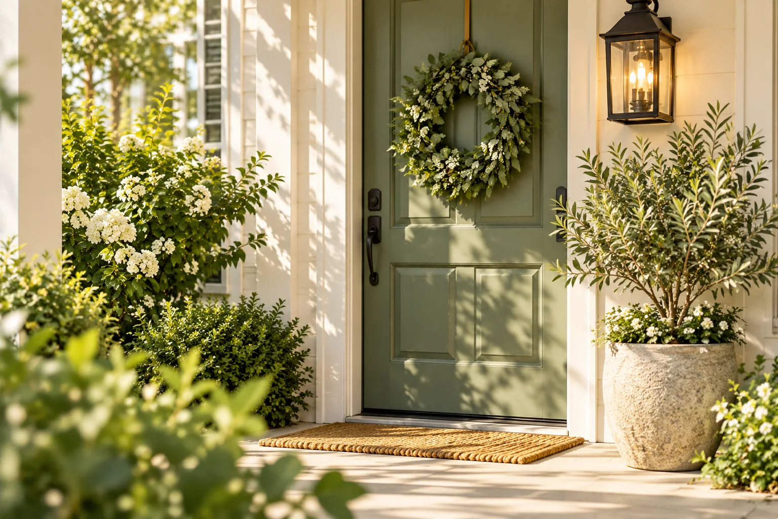 Sunlit sage-green front door with a wreath, lantern and lush potted greenery